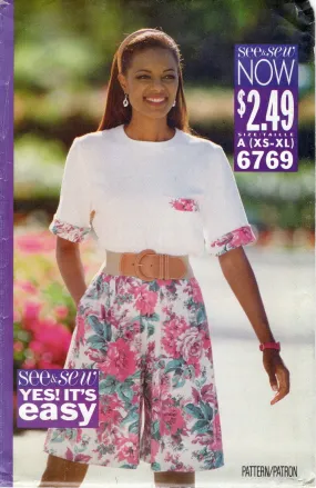 1990's See & Sew Butterick T-shirt and Wide-Legged Shorts Pattern - Bust 30.5-44" - No. 6769