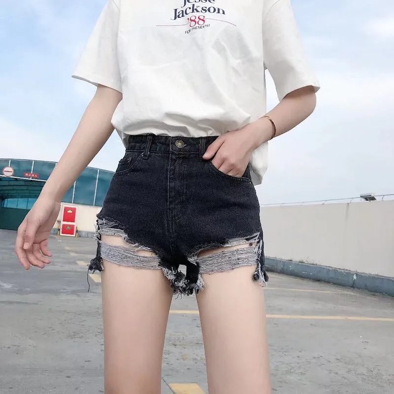 2021 high waisted sexy chic denim wide legs shorts destroyed hem ripped pants jeans