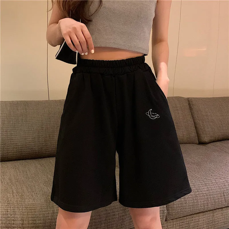 All-Matching Embroidery Shorts Women Summer Korean Elastic Waist High Wide Leg Casual Bermuda Shorts