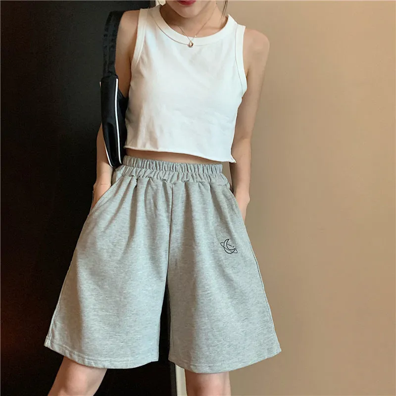 All-Matching Embroidery Shorts Women Summer Korean Elastic Waist High Wide Leg Casual Bermuda Shorts