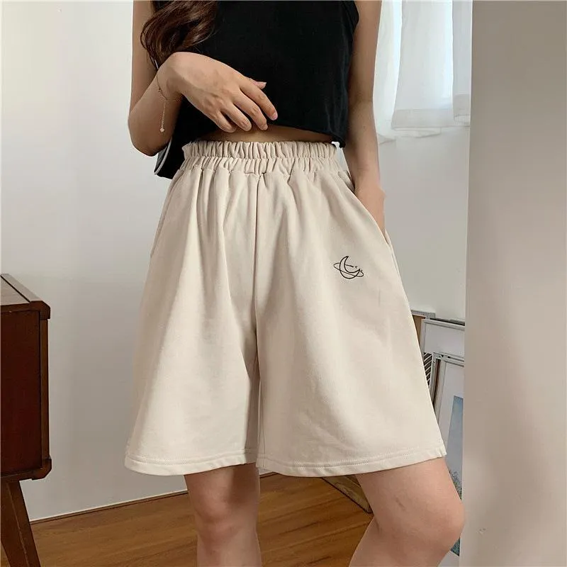 All-Matching Embroidery Shorts Women Summer Korean Elastic Waist High Wide Leg Casual Bermuda Shorts