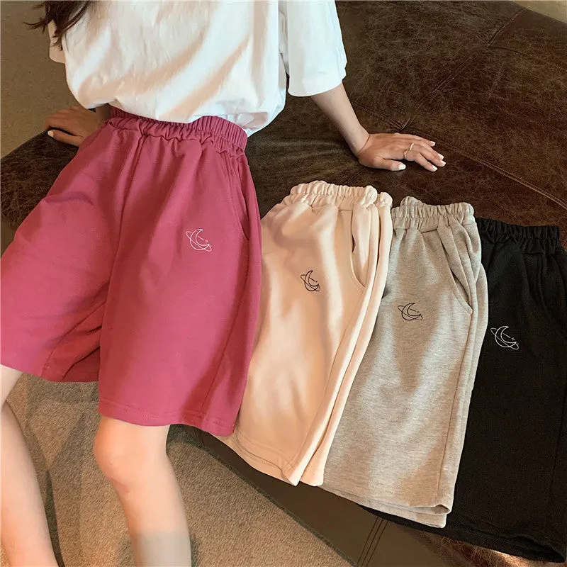 All-Matching Embroidery Shorts Women Summer Korean Elastic Waist High Wide Leg Casual Bermuda Shorts