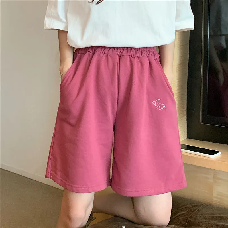 All-Matching Embroidery Shorts Women Summer Korean Elastic Waist High Wide Leg Casual Bermuda Shorts