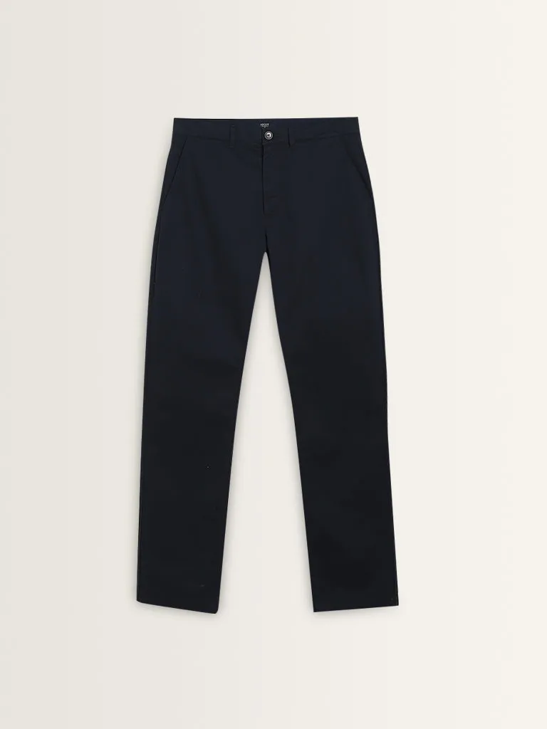 Ascot Navy Solid Relaxed-Fit Mid-Rise Cotton-Blend Chinos