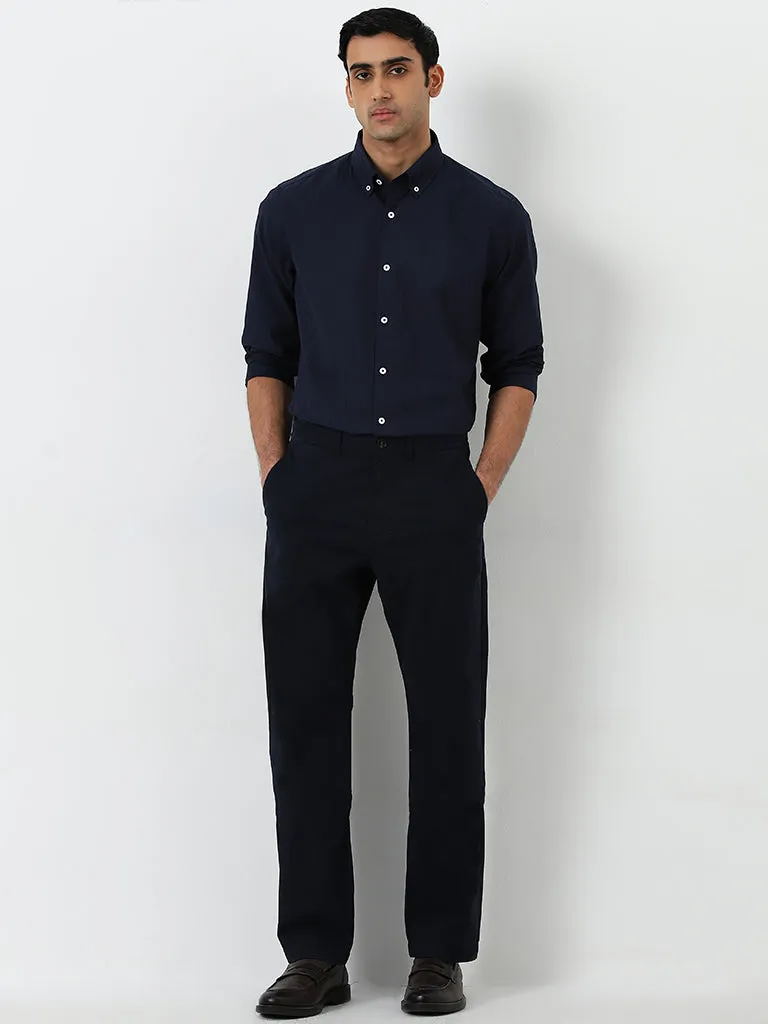 Ascot Navy Solid Relaxed-Fit Mid-Rise Cotton-Blend Chinos