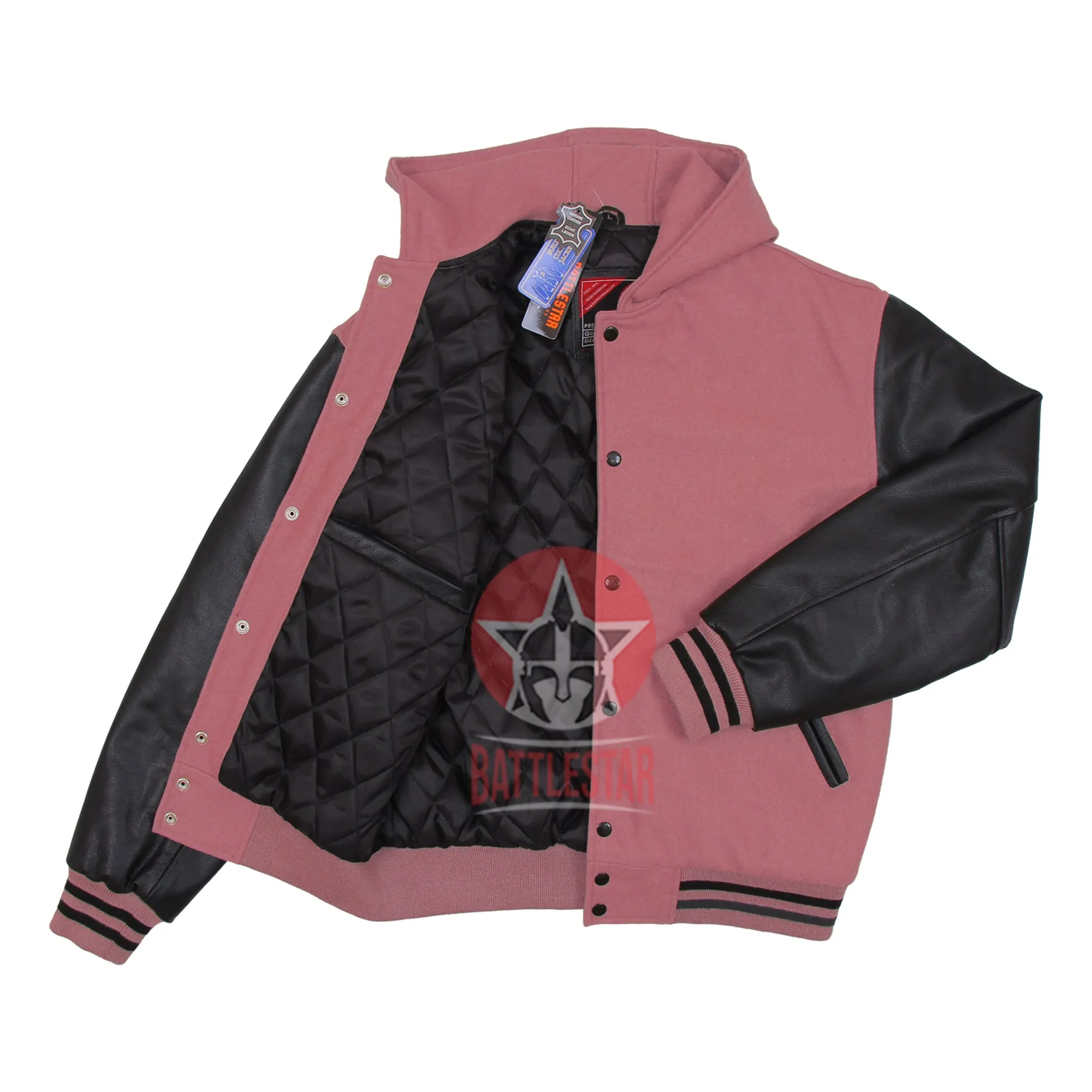 Baby Pink Wool Black Leather Hooded Baseball Letterman Varsity Jacket