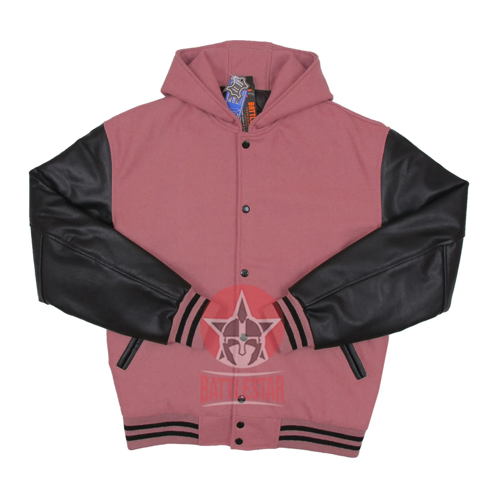 Baby Pink Wool Black Leather Hooded Baseball Letterman Varsity Jacket