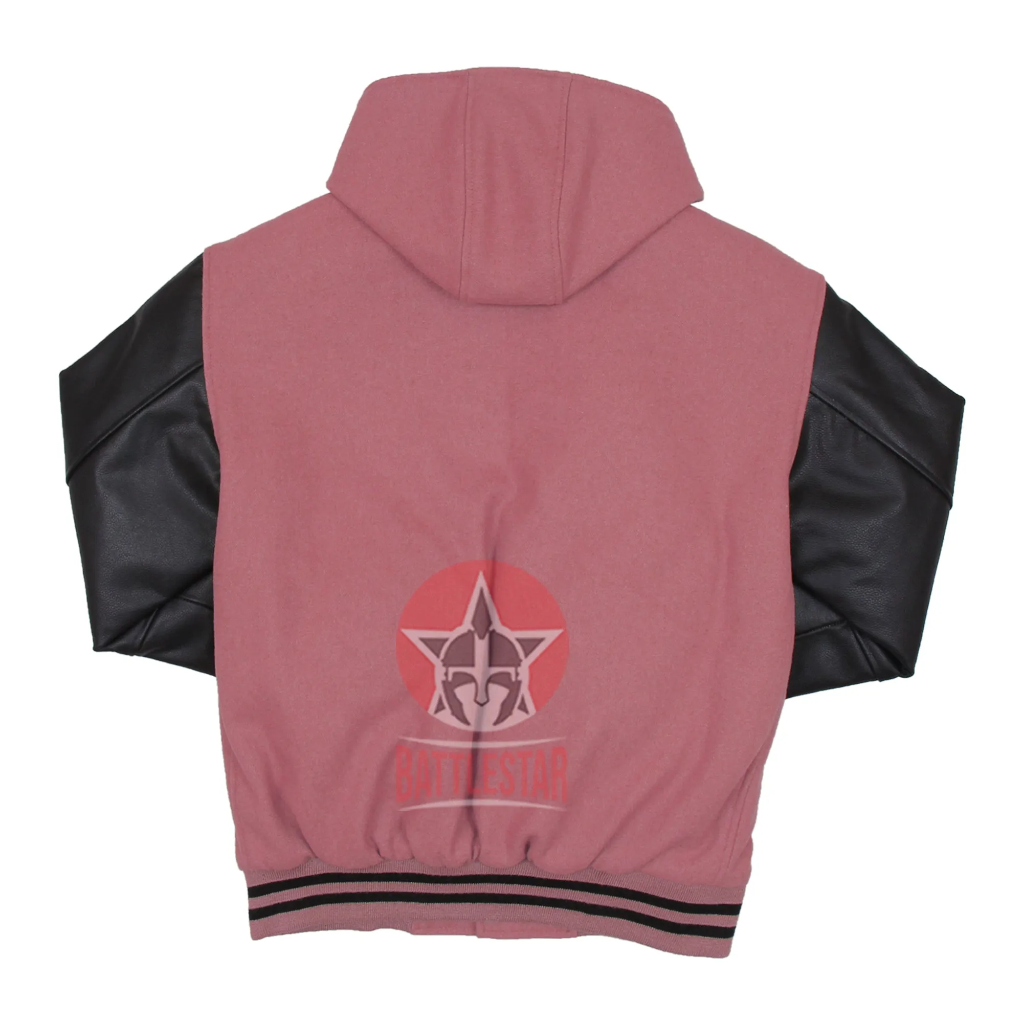 Baby Pink Wool Black Leather Hooded Baseball Letterman Varsity Jacket