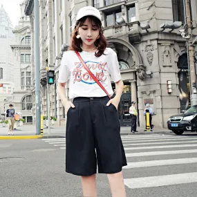 Black Bermuda Shorts Women Summer Loose Student Korea  Thin BF Wide Leg Pants High Waist Casual Bermuda Shorts