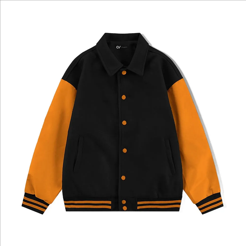 Black Byron Collar Wool & Leather Varsity Jacket with Orange Sleeves - Jack N Hoods