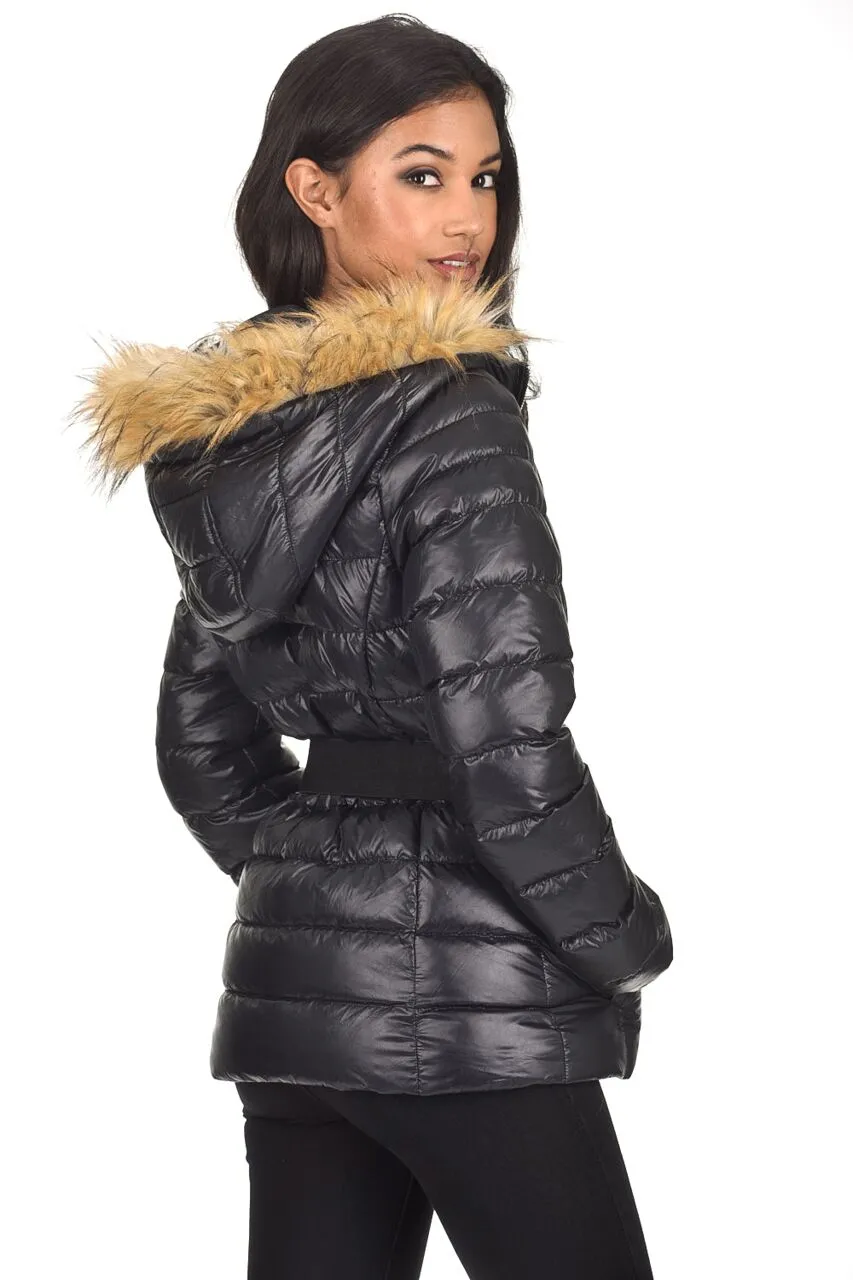 Black Wet Look Puffer Coat