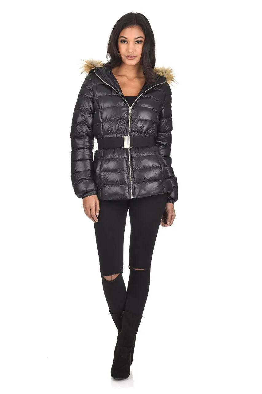 Black Wet Look Puffer Coat