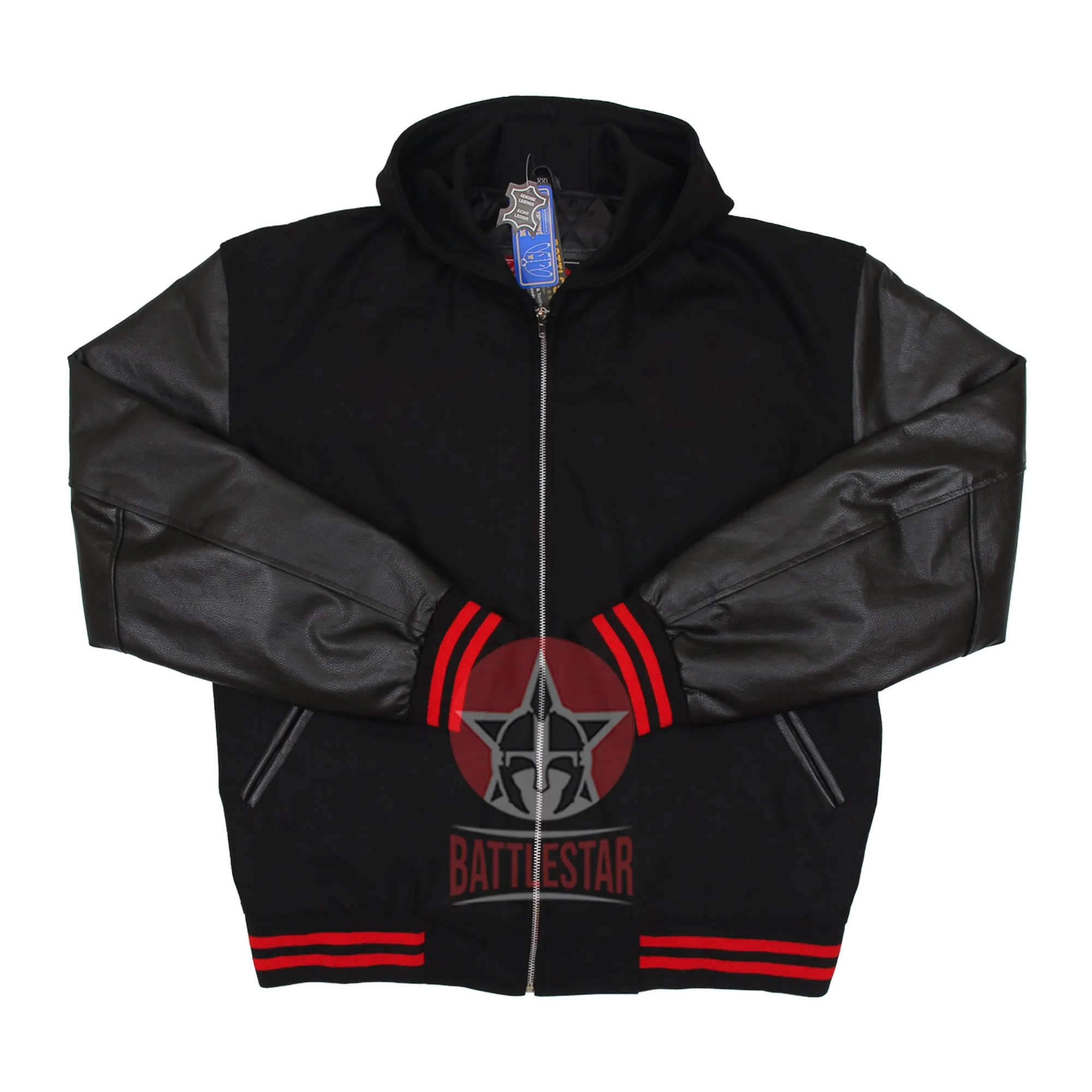 Black Wool Leather Zipper Hooded Letterman Varsity Jacket