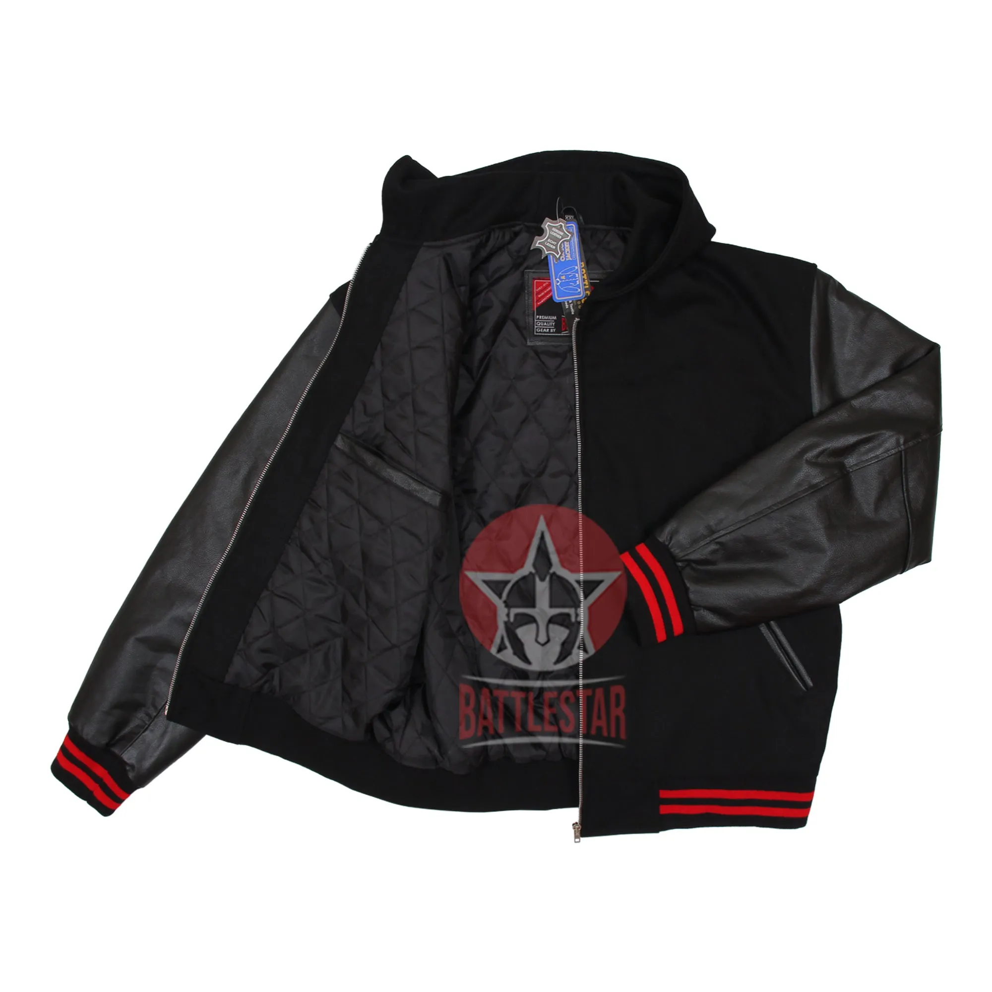 Black Wool Leather Zipper Hooded Letterman Varsity Jacket