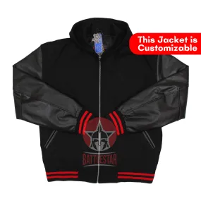 Black Wool Leather Zipper Hooded Letterman Varsity Jacket