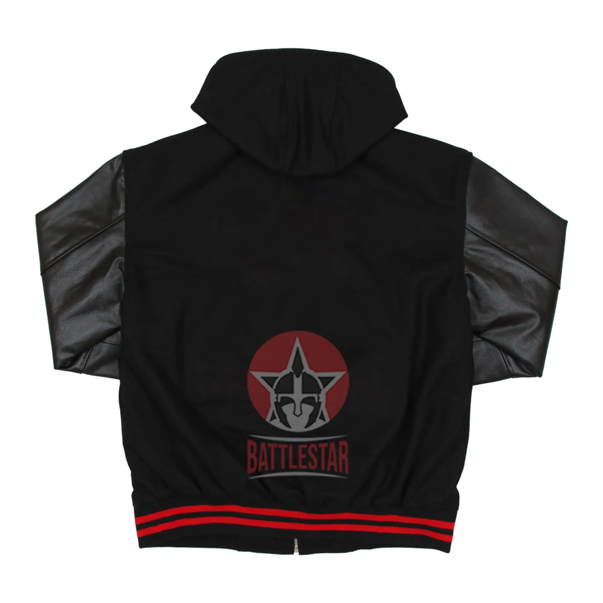 Black Wool Leather Zipper Hooded Letterman Varsity Jacket