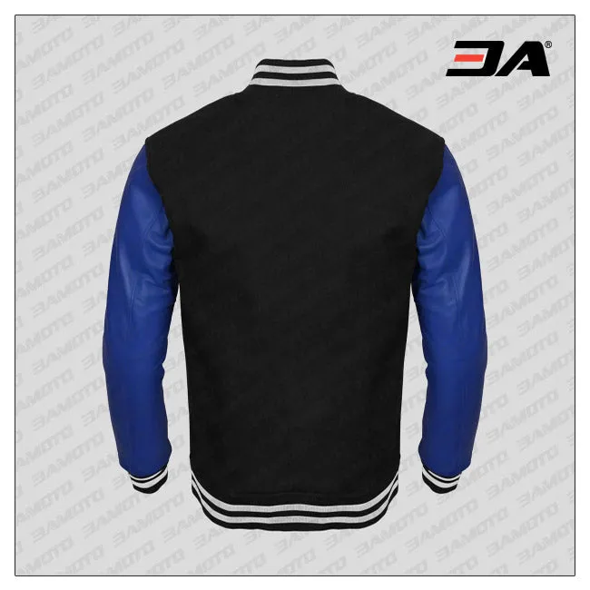 Blue Faux Leather Sleeves Black Wool Varsity Jacket