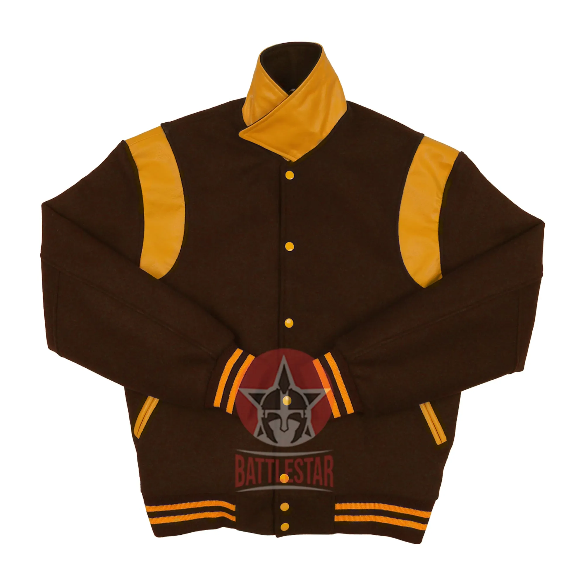 Byron Collar Brown Wool Gold Yellow Leather Stripes Varsity Baseball Jacket