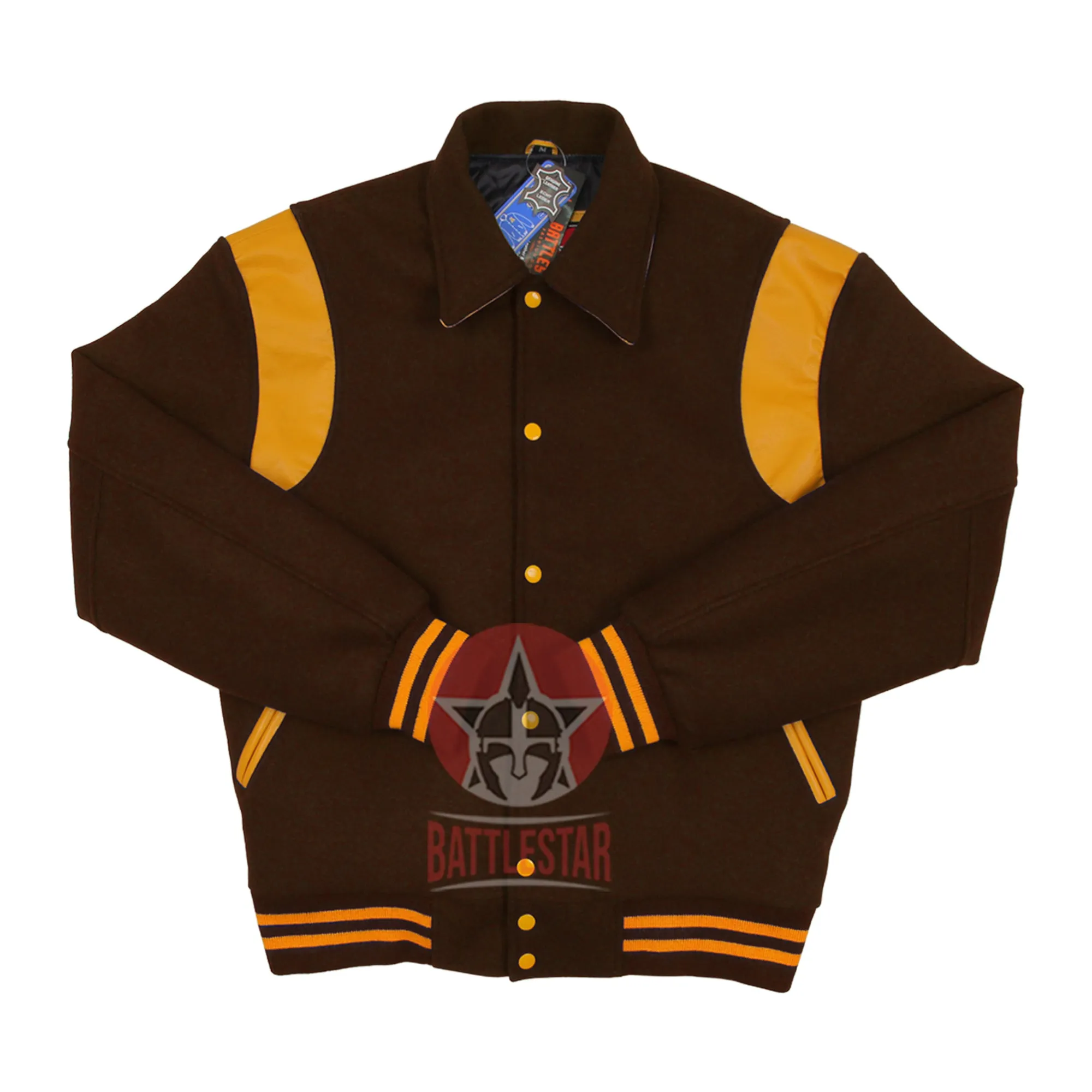 Byron Collar Brown Wool Gold Yellow Leather Stripes Varsity Baseball Jacket