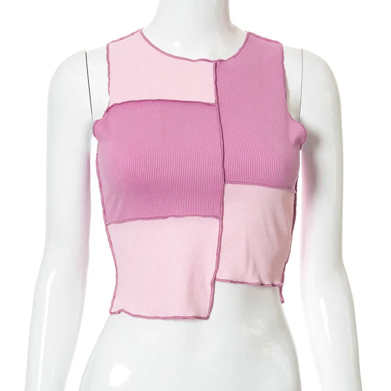 Colorblock Sleeveless Irregular O-Neck Crop Top