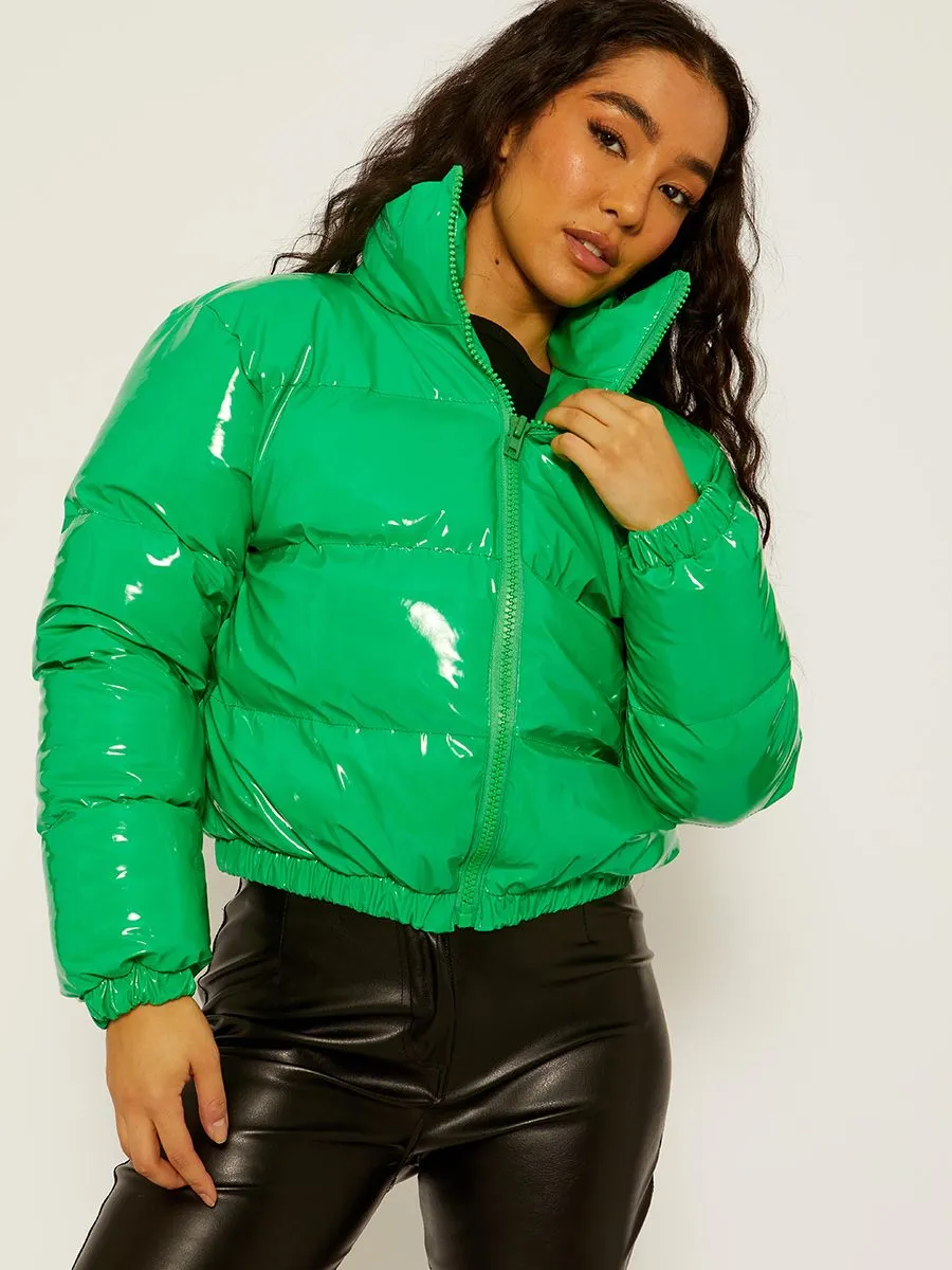 Emilia PVC Leather Cropped Puffer Jacket In Green