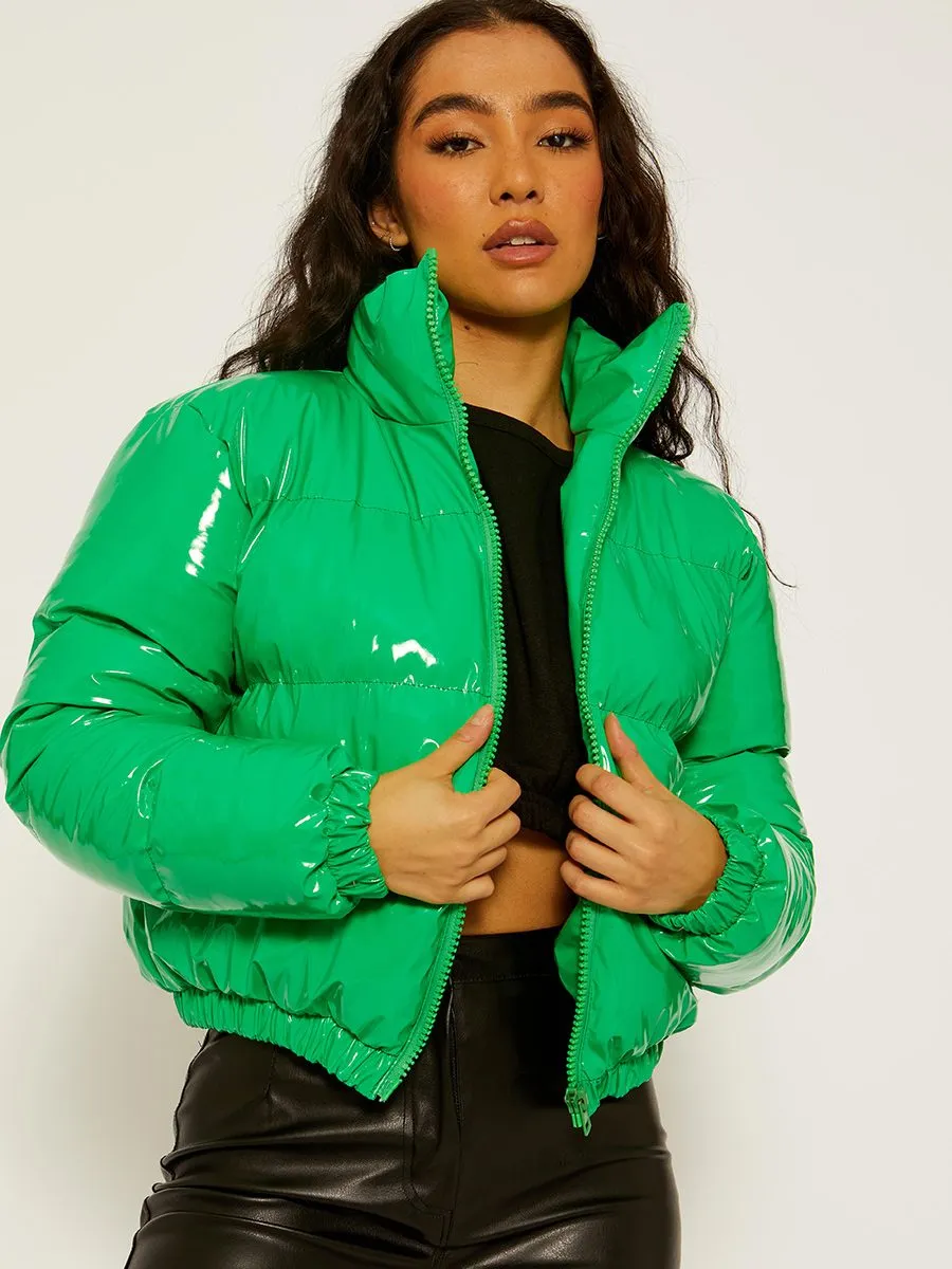 Emilia PVC Leather Cropped Puffer Jacket In Green