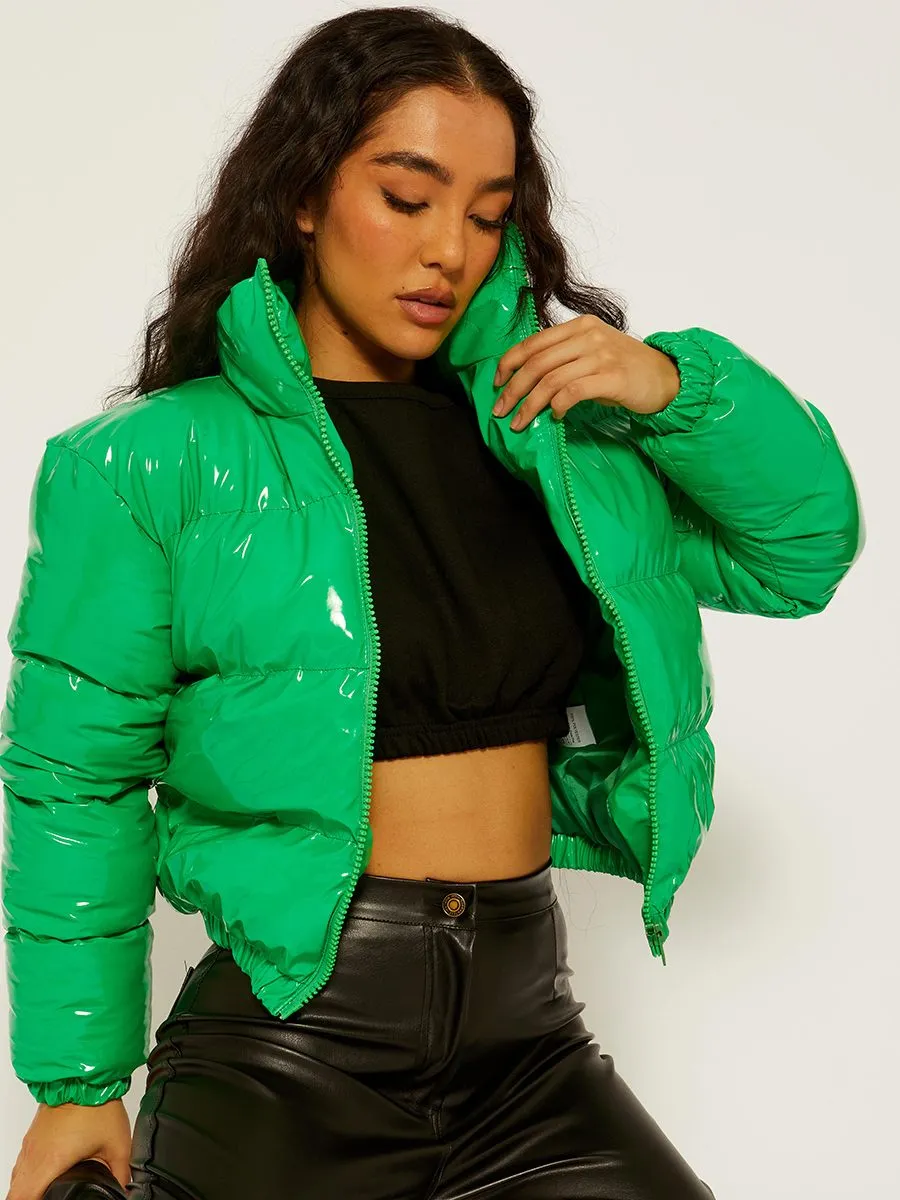 Emilia PVC Leather Cropped Puffer Jacket In Green