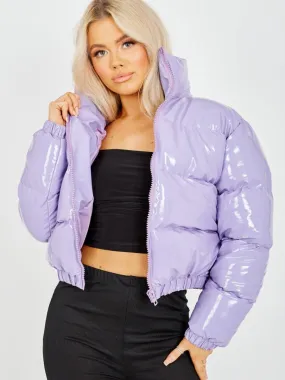 Emilia PVC Leather Cropped Puffer Jacket In Lilac