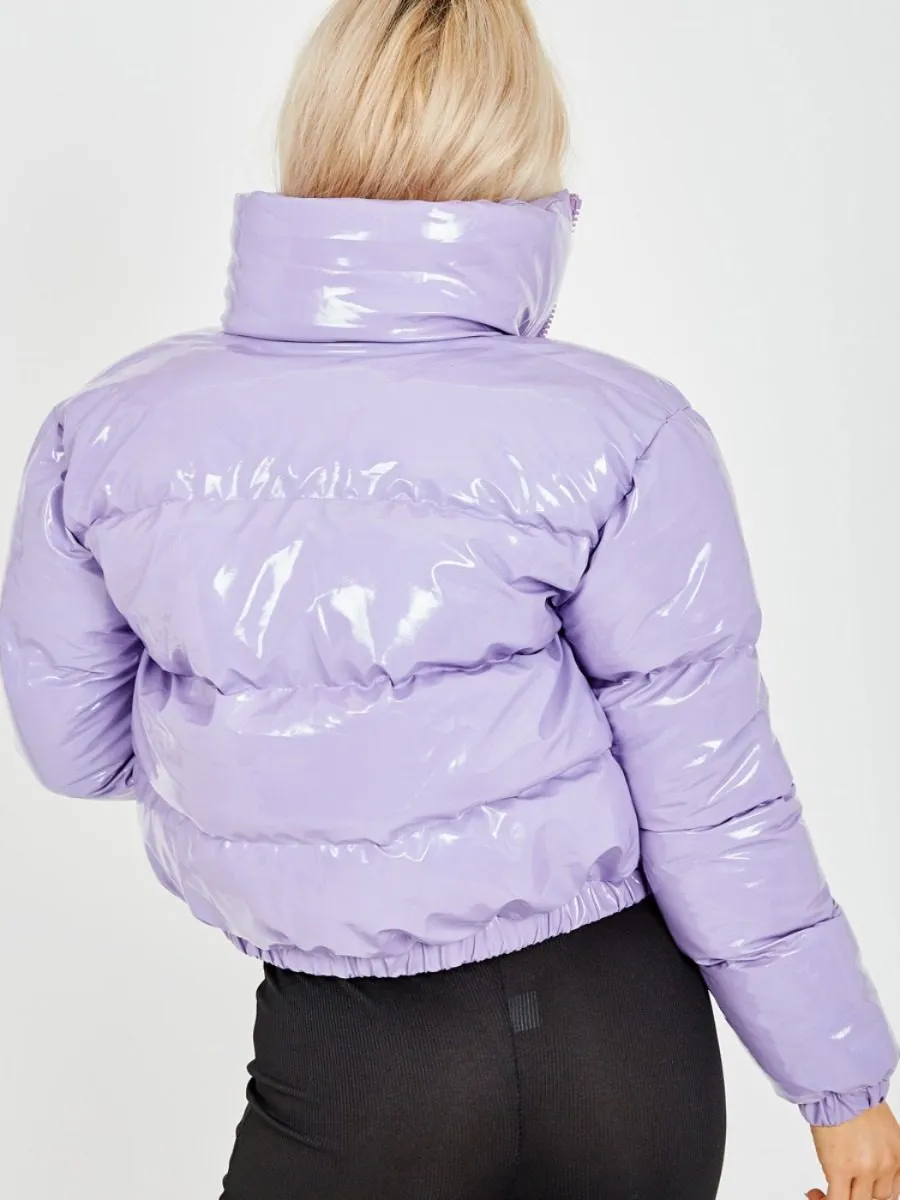 Emilia PVC Leather Cropped Puffer Jacket In Lilac