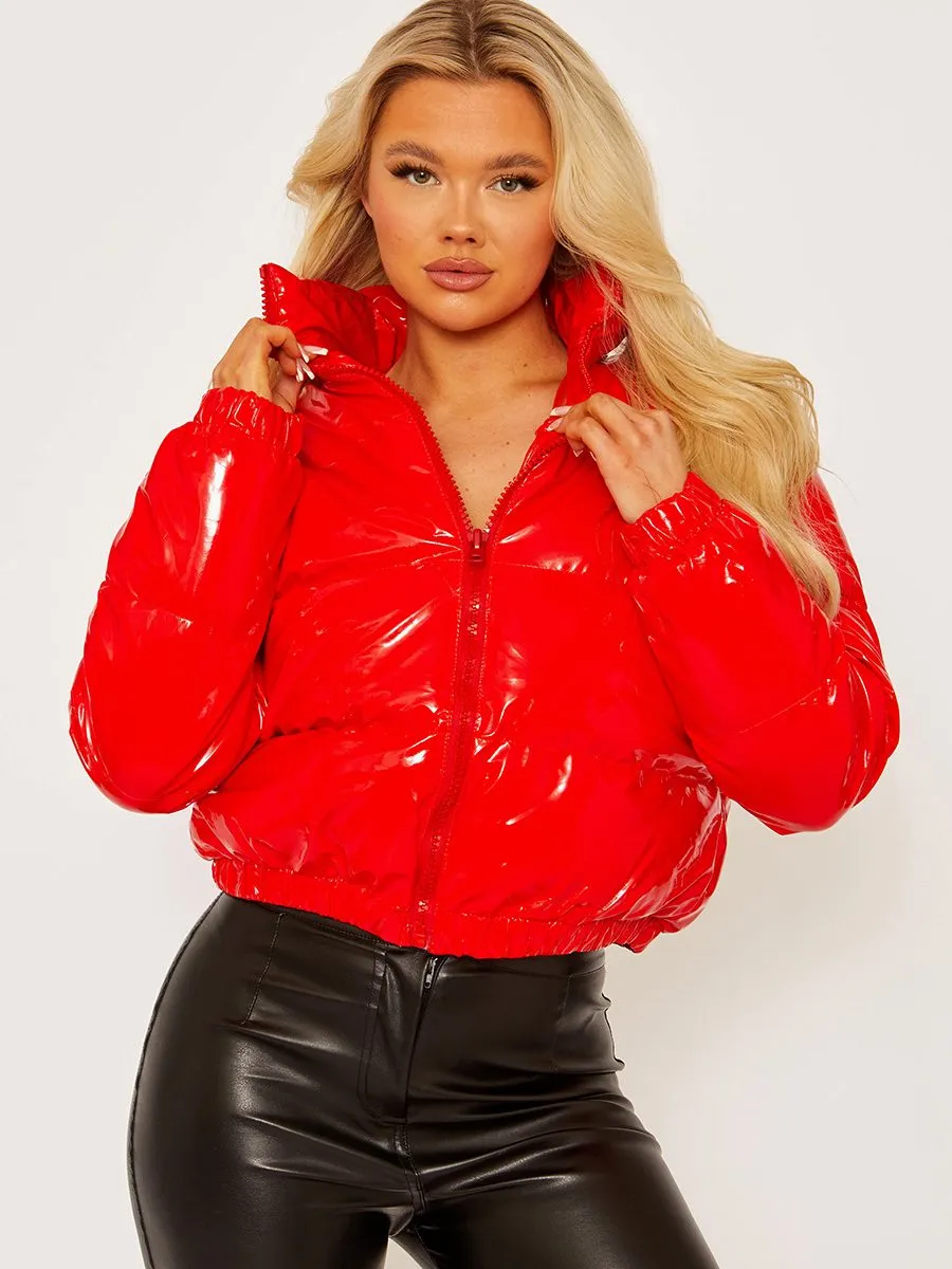 Emilia PVC Leather Cropped Puffer Jacket In Red