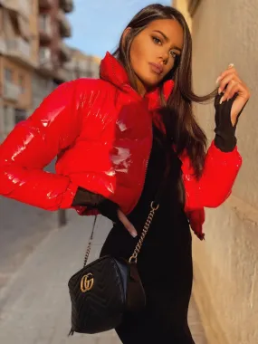 Emilia PVC Leather Cropped Puffer Jacket In Red