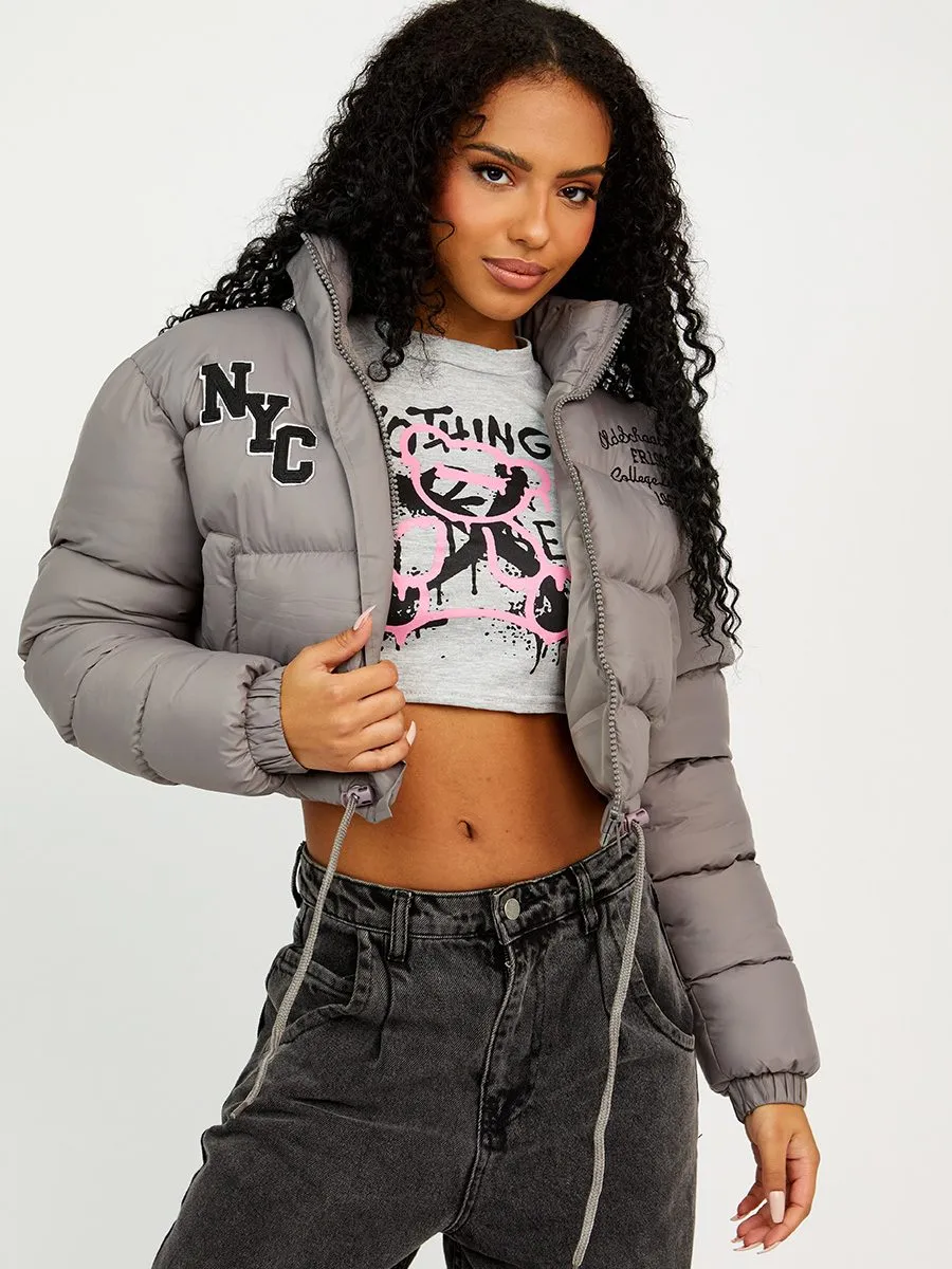 Emy NYC Embroidered Cropped Puffer Jacket In Grey