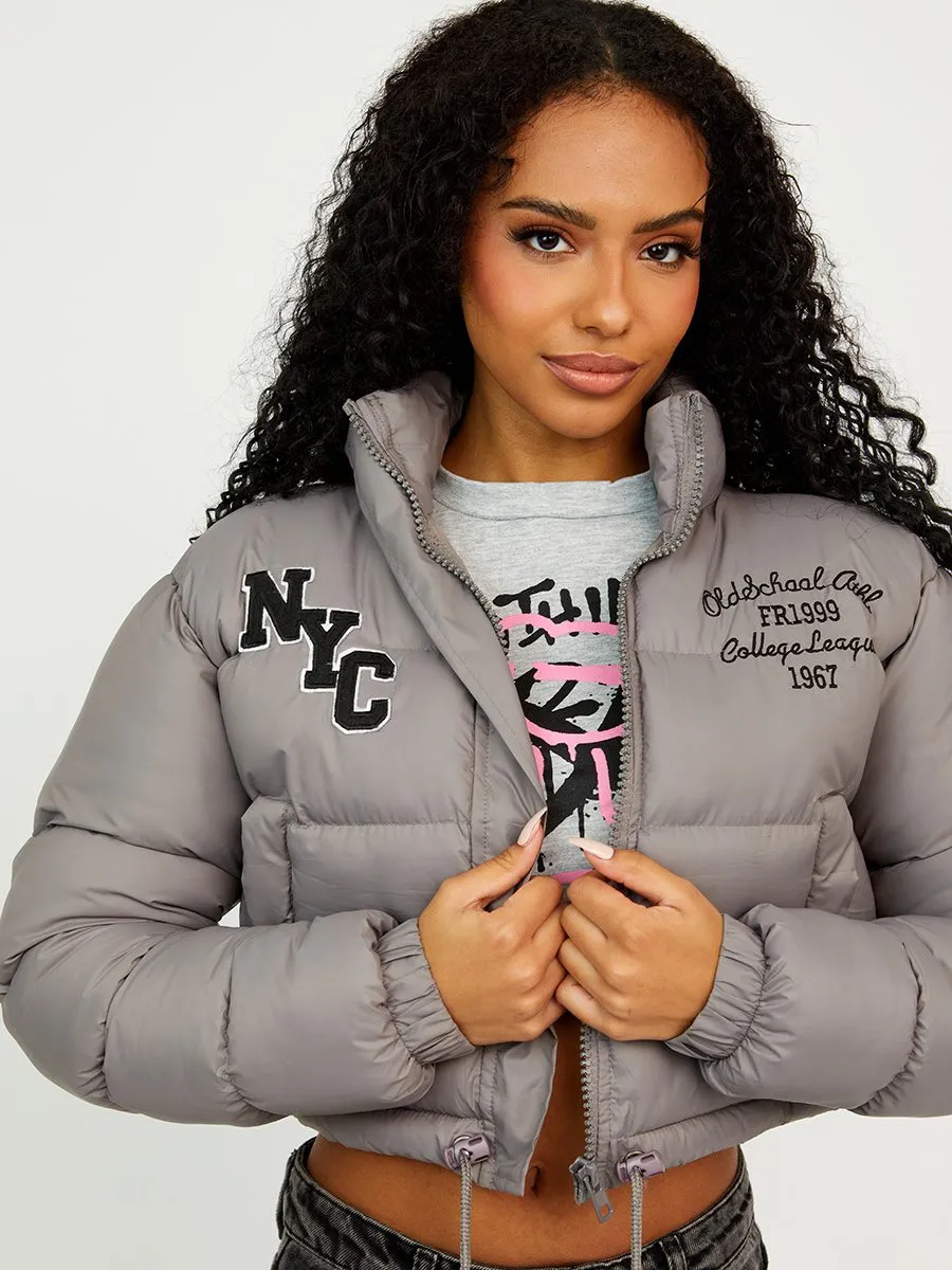 Emy NYC Embroidered Cropped Puffer Jacket In Grey