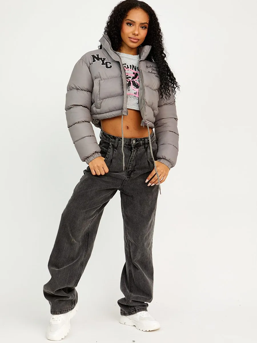 Emy NYC Embroidered Cropped Puffer Jacket In Grey