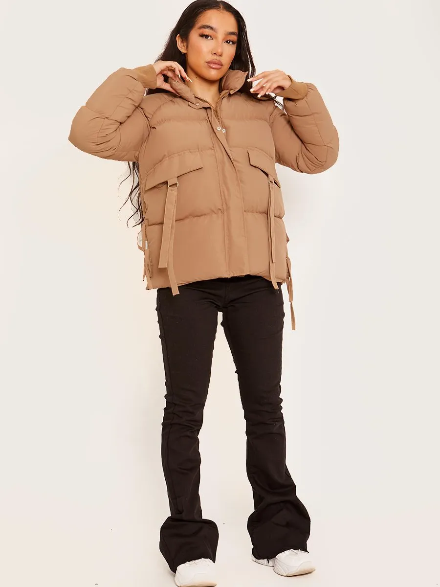 Erika D-Ring Tape Pockets Padded Puffer Jacket In Stone