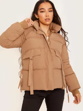 Erika D-Ring Tape Pockets Padded Puffer Jacket In Stone