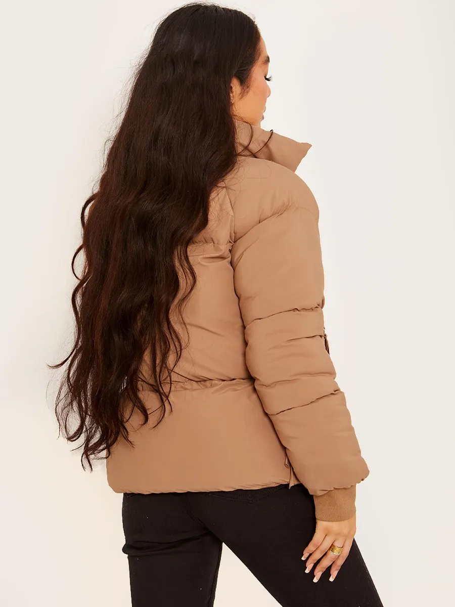 Erika D-Ring Tape Pockets Padded Puffer Jacket In Stone