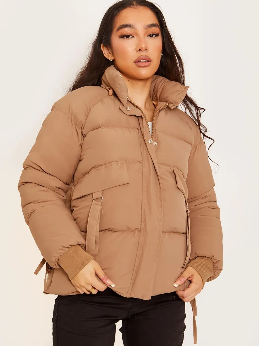 Erika D-Ring Tape Pockets Padded Puffer Jacket In Stone