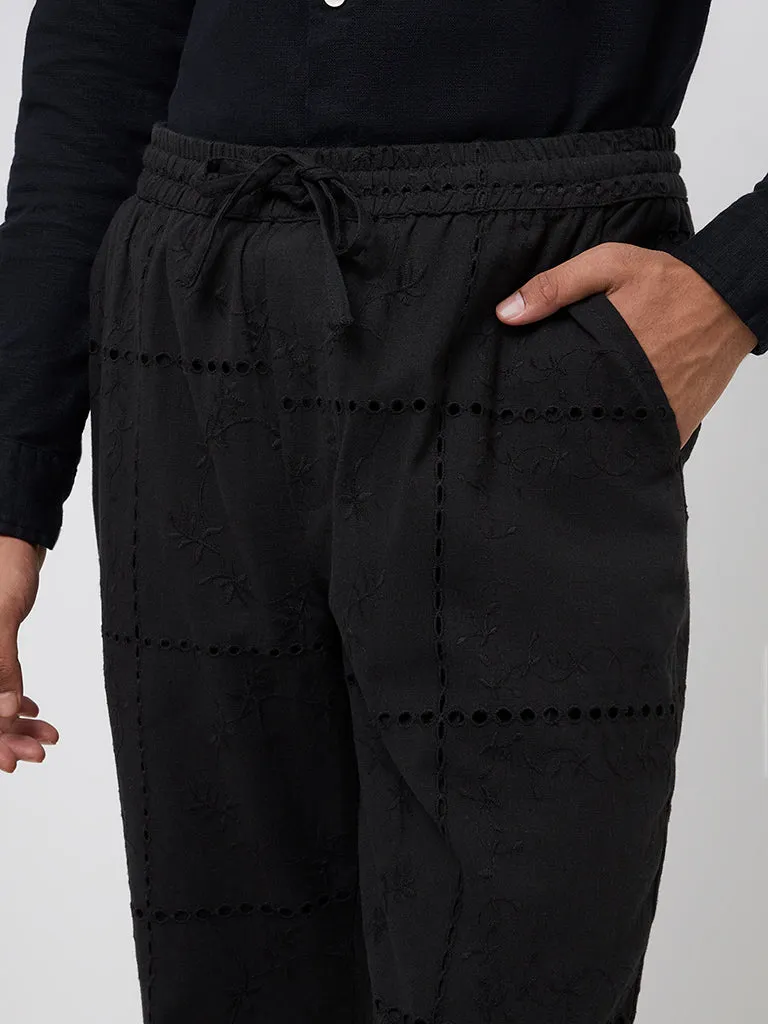 ETA Black Embroidered Relaxed-Fit Mid-Rise Cotton-Blend Chinos