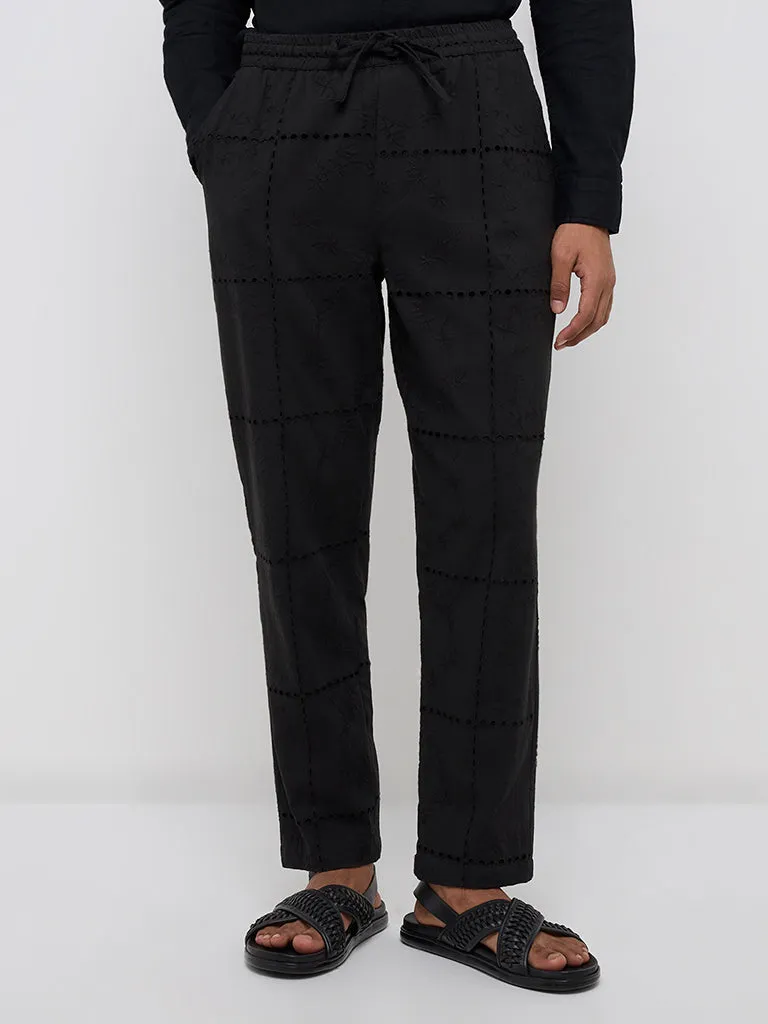 ETA Black Embroidered Relaxed-Fit Mid-Rise Cotton-Blend Chinos