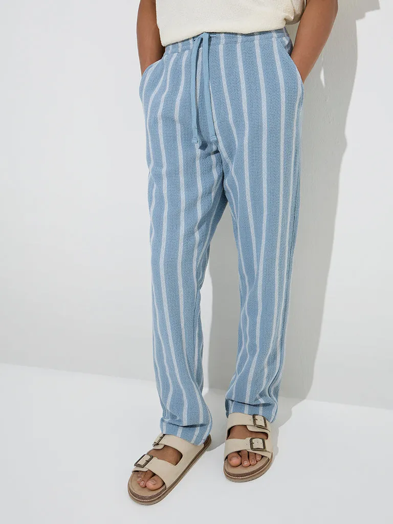 ETA Dusty Blue Striped Knitted Relaxed-Fit Mid-Rise Cotton Chinos