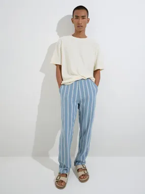 ETA Dusty Blue Striped Knitted Relaxed-Fit Mid-Rise Cotton Chinos