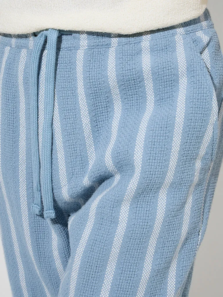 ETA Dusty Blue Striped Knitted Relaxed-Fit Mid-Rise Cotton Chinos