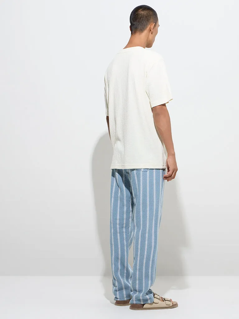 ETA Dusty Blue Striped Knitted Relaxed-Fit Mid-Rise Cotton Chinos