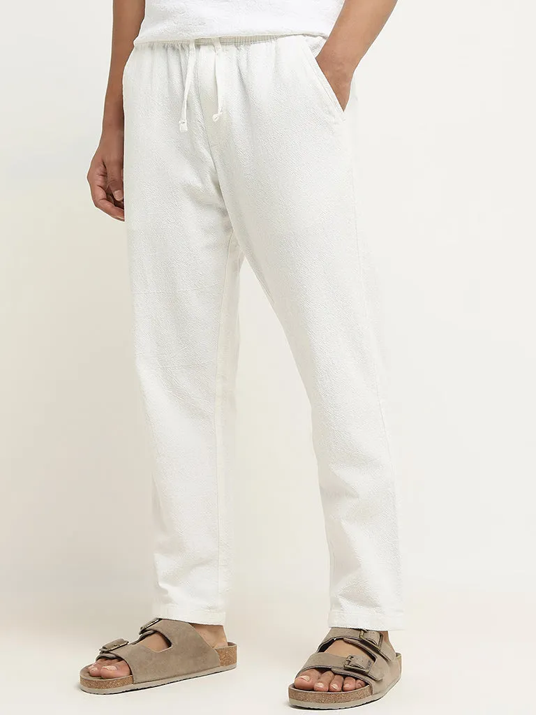 ETA White Textured Relaxed-Fit Mid-Rise Cotton-Blend Chinos