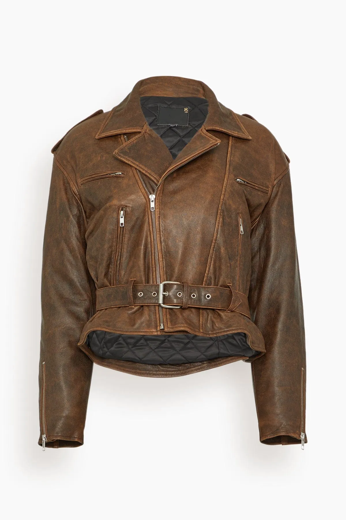 Exaggerated Shoulder Motorcycle Jacket in Brown Leather