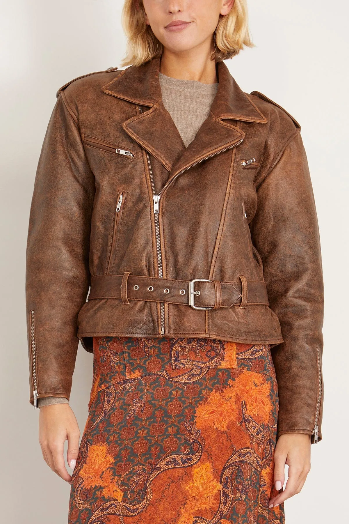 Exaggerated Shoulder Motorcycle Jacket in Brown Leather