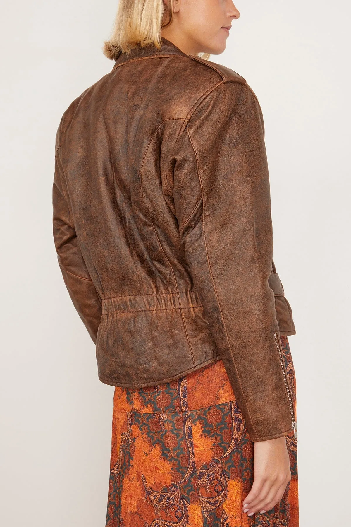 Exaggerated Shoulder Motorcycle Jacket in Brown Leather