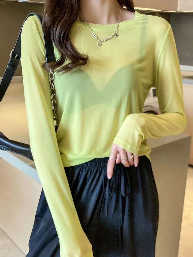 Fashion Mesh Women Vintage See-Through Long Sleeve Tops