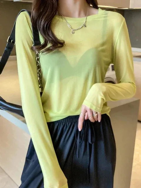 Fashion Mesh Women Vintage See-Through Long Sleeve Tops